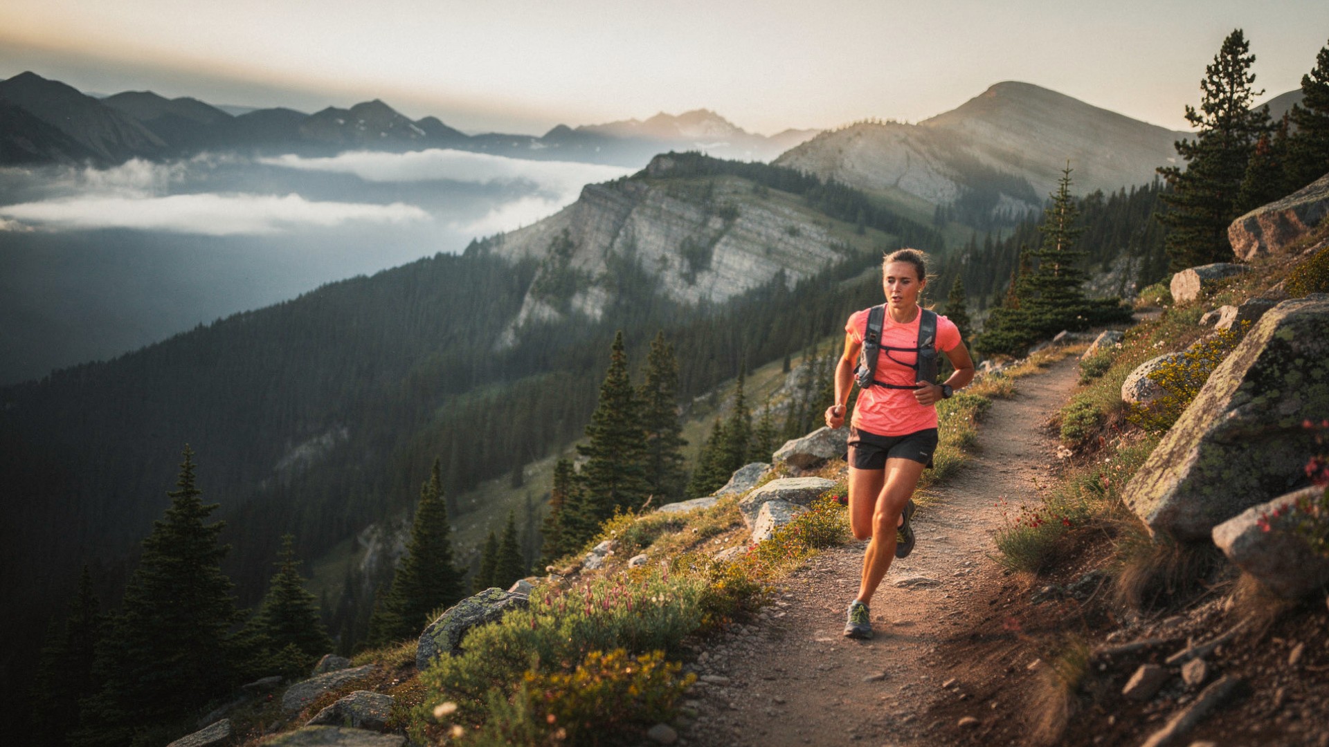 Trail runner sola en sendero de montaña al amanecer